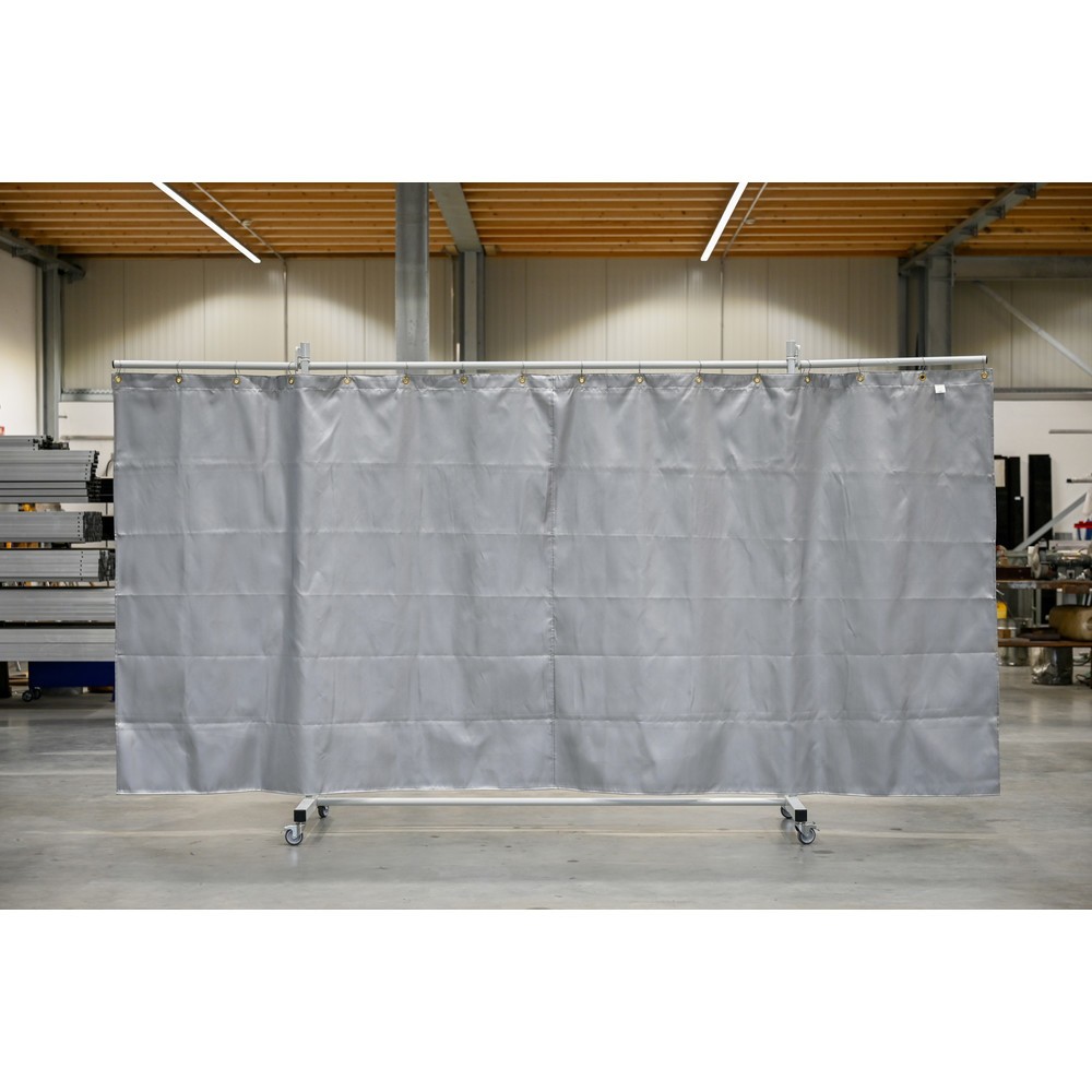 Numéro de l'image du produit 1: Écran de protection mobile à pans orientables, housse de protection thermique / contre les éclaboussures conforme DIN EN 13501-1, en 3 parties, lamelles 2 mm, gris/argent
