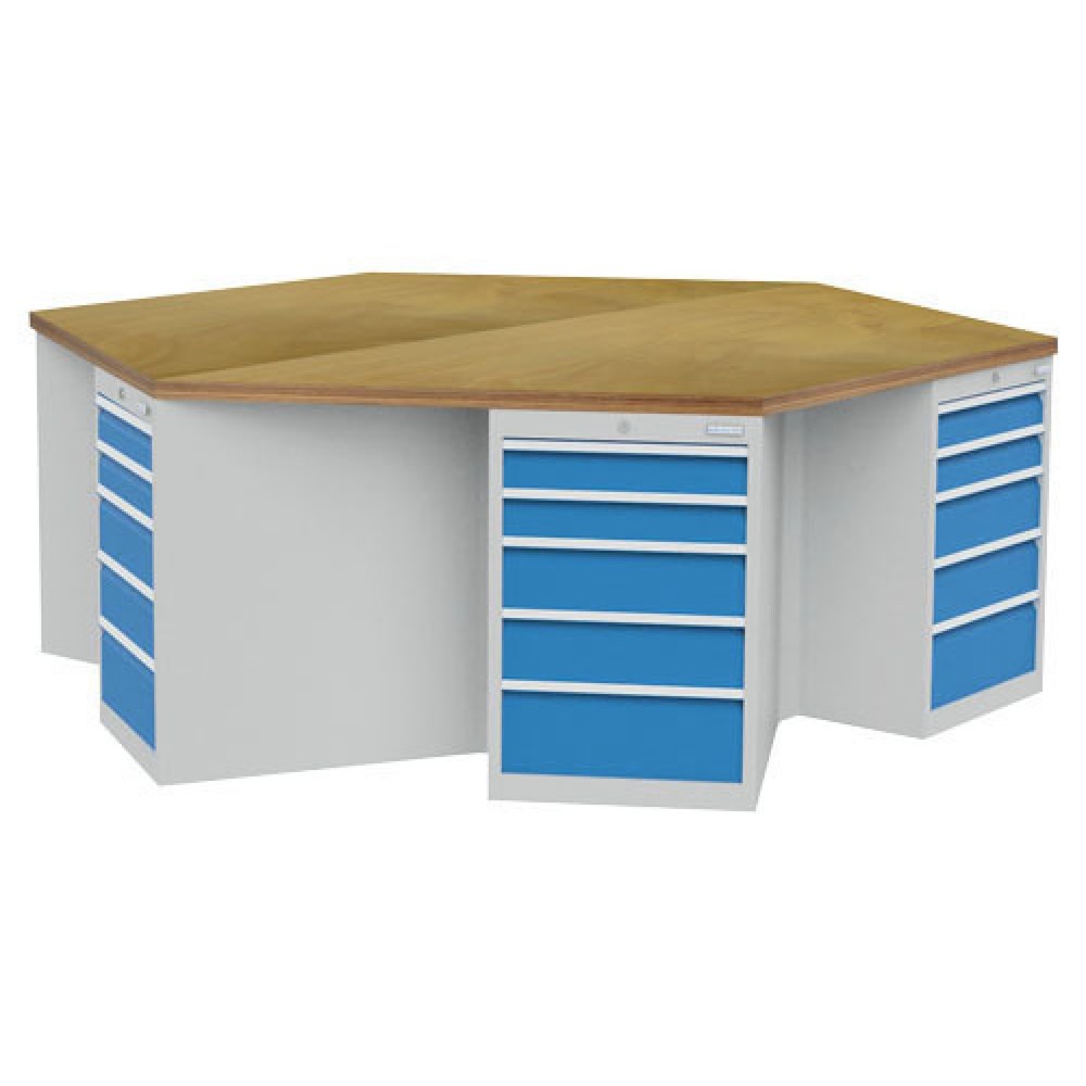 N° de l'image du produit 1 : Établi de groupe Bedrunka+Hirth R 18-24, avec 30 tiroirs, H x l x P 859 x 2 500 x 2 165 mm, gris clair, bleu clair