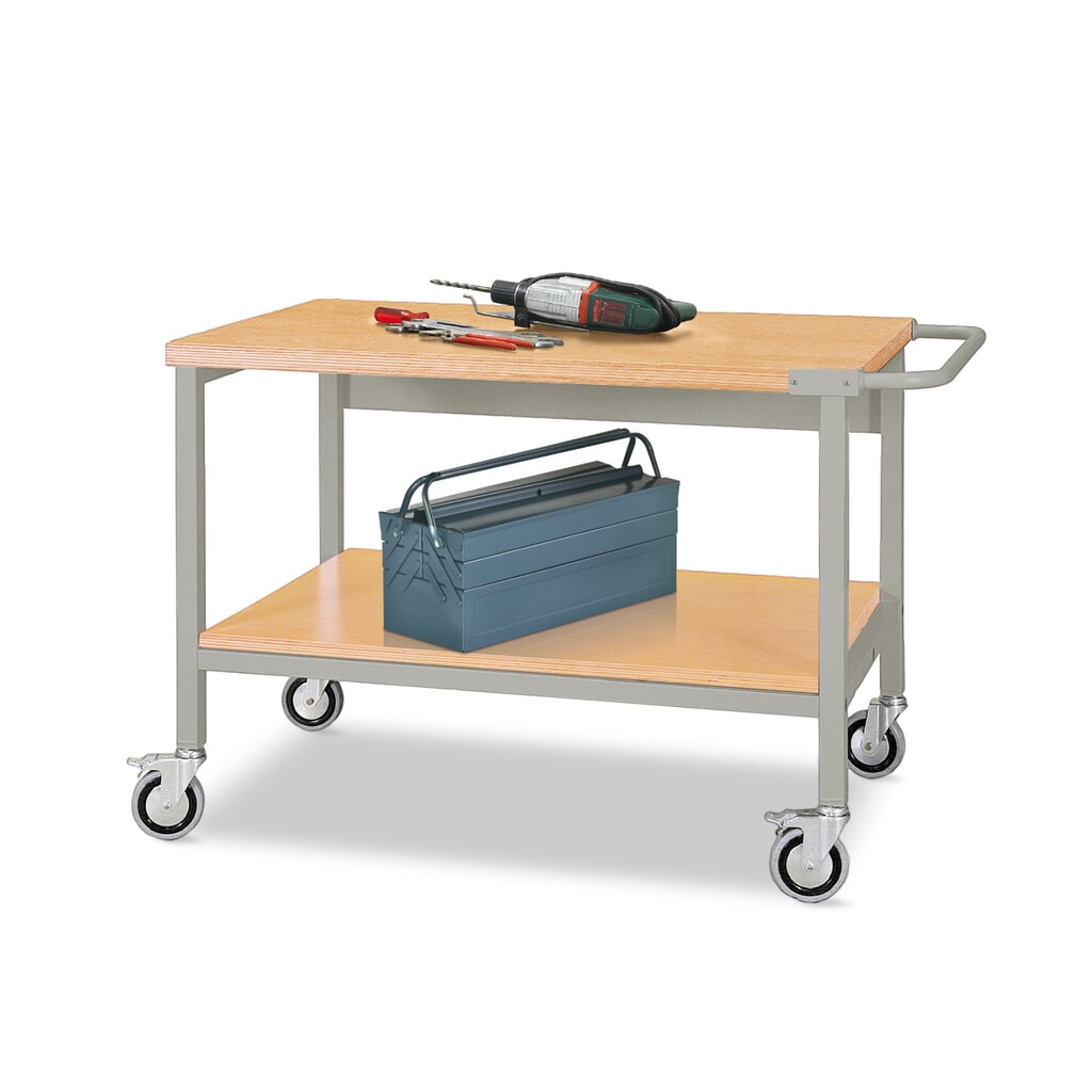 Établi mobile avec roulettes, 2 tablettes en bois de 1 200 x 750 mm, capacité de charge 400 kg Illustration du produit: Établi mobile avec roulettes, 2 tablettes en bois de 1 200 x 750 mm, capacité de charge 400 kg