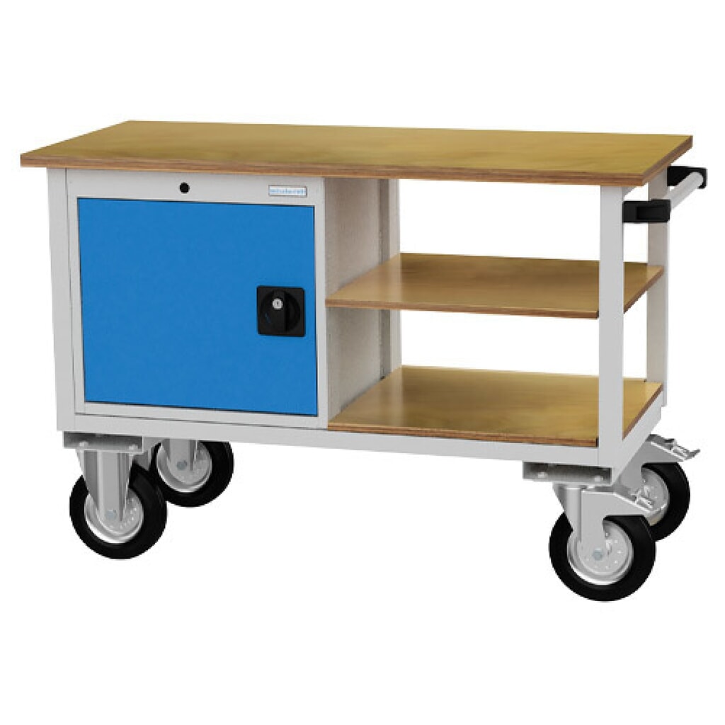 Établi mobile R 18-16 Bedrunka+Hirth, H x l x P 820 x 1 200 x 540 mm, gris clair, bleu clair, 2 tablettes, 1 porte battante 1 x 400 mm N° de l'image du produit 1 : Établi mobile R 18-16 Bedrunka+Hirth, H x l x P 820 x 1 200 x 540 mm, gris clair, bleu clair, 2 tablettes, 1 porte battante 1 x 400 mm
