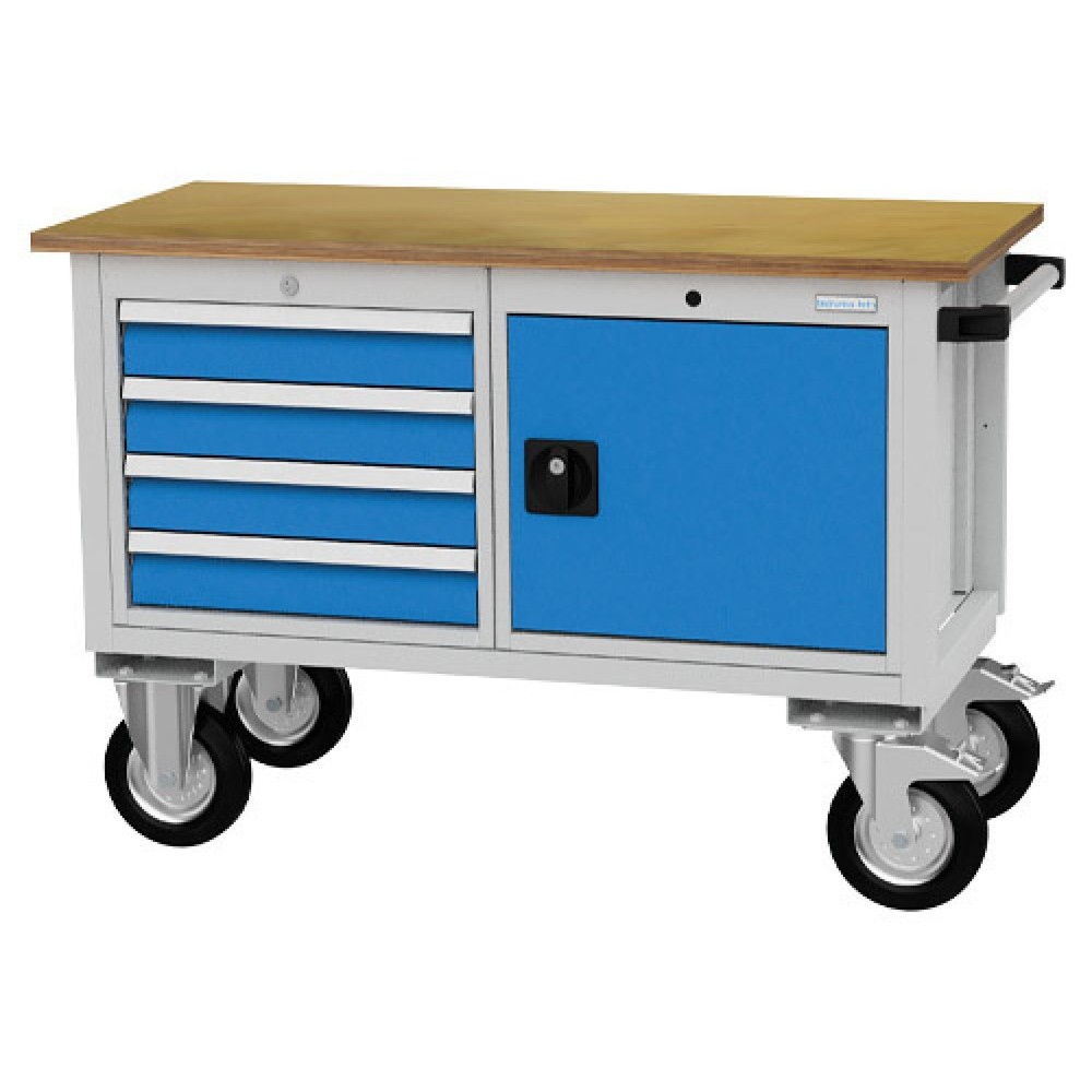 Numéro de l'image du produit 1: Établi mobile R 18-16 Bedrunka+Hirth, H x l x P 820 x 1 200 x 540 mm, gris clair, bleu clair, 4 tiroirs 4 x 100 mm, 1 porte battante 1 x 400 mm