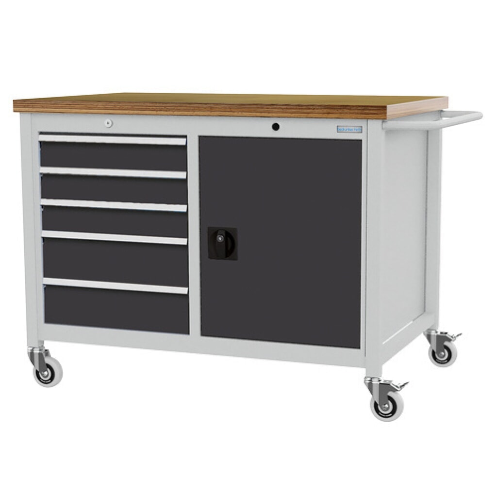 Établi mobile R 18-24 Bedrunka+Hirth, H x l x P 950 x 1 250 x 750 mm, gris clair, gris anthracite, 5 tiroirs 3 x 100 mm + 2 x 150 mm, 1 porte battante 1 x 600 mm Illustration du produit: Établi mobile R 18-24 Bedrunka+Hirth, H x l x P 950 x 1 250 x 750 mm, gris clair, gris anthracite, 5 tiroirs 3 x 100 mm + 2 x 150 mm, 1 porte battante 1 x 600 mm