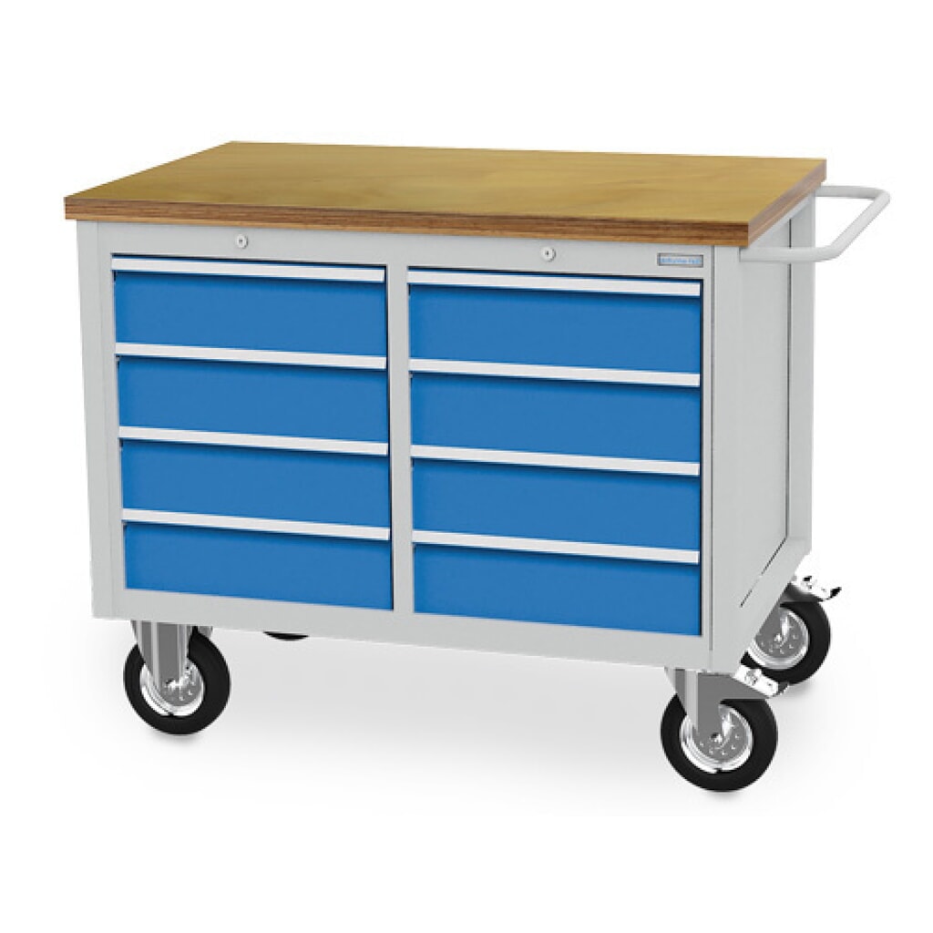 N° de l'image du produit 1 : Établi mobile R 18-24 Bedrunka+Hirth, H x l x P 995 x 1 250 x 750 mm, gris clair, bleu clair, 8 tiroirs 8 x 150 mm
