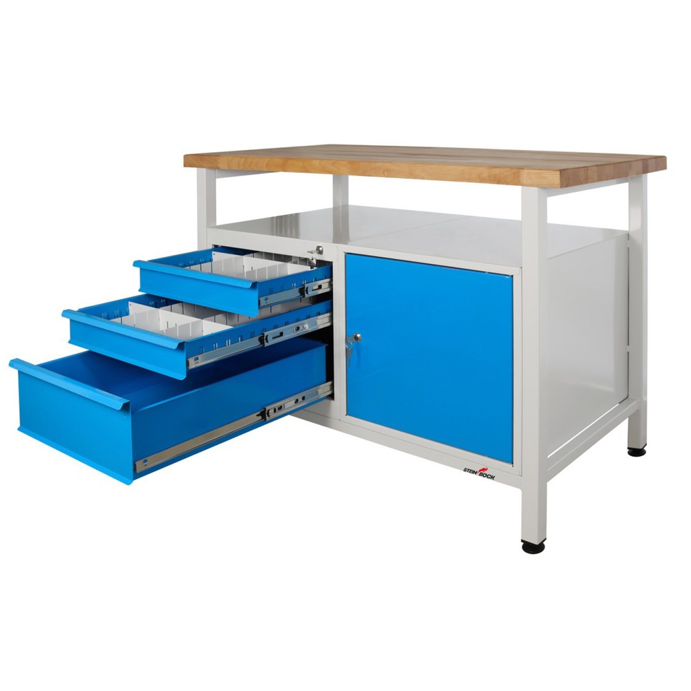 Numéro de l'image du produit 4: Établi Premium Steinbock®, 1 rangement, 3 tiroirs, 1 porte, capacité de charge 300 kg, H x l x P 840 x 1 200 x 600 mm, RAL 7035/5012