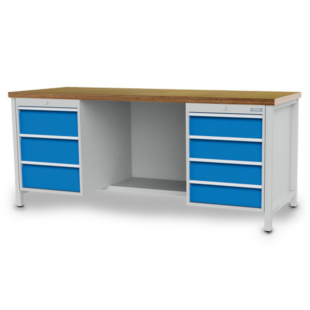 N° de l'image du produit 1 : Établi R 18-24 Bedrunka+Hirth, H x l x P 859 x 2 000 x 750 mm, gris clair, bleu clair, 7 tiroirs 4 x 150 + 3 x 200 mm