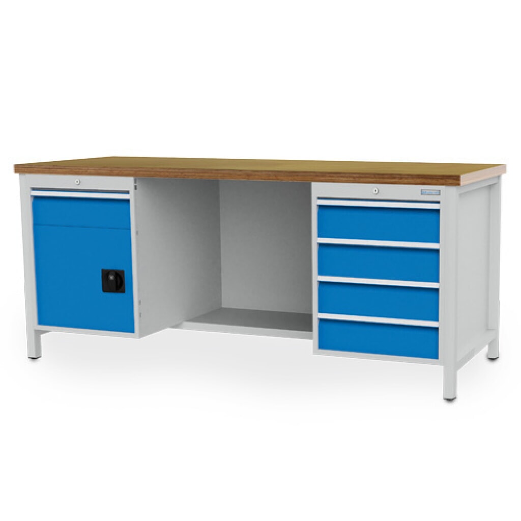 Illustration du produit: Établi R 18-24 Bedrunka+Hirth, H x l x P 859 x 2 000 x 750 mm, gris clair, bleu clair, 5 tiroirs 5 x 150 mm, 1 porte battante 1 x 450 mm