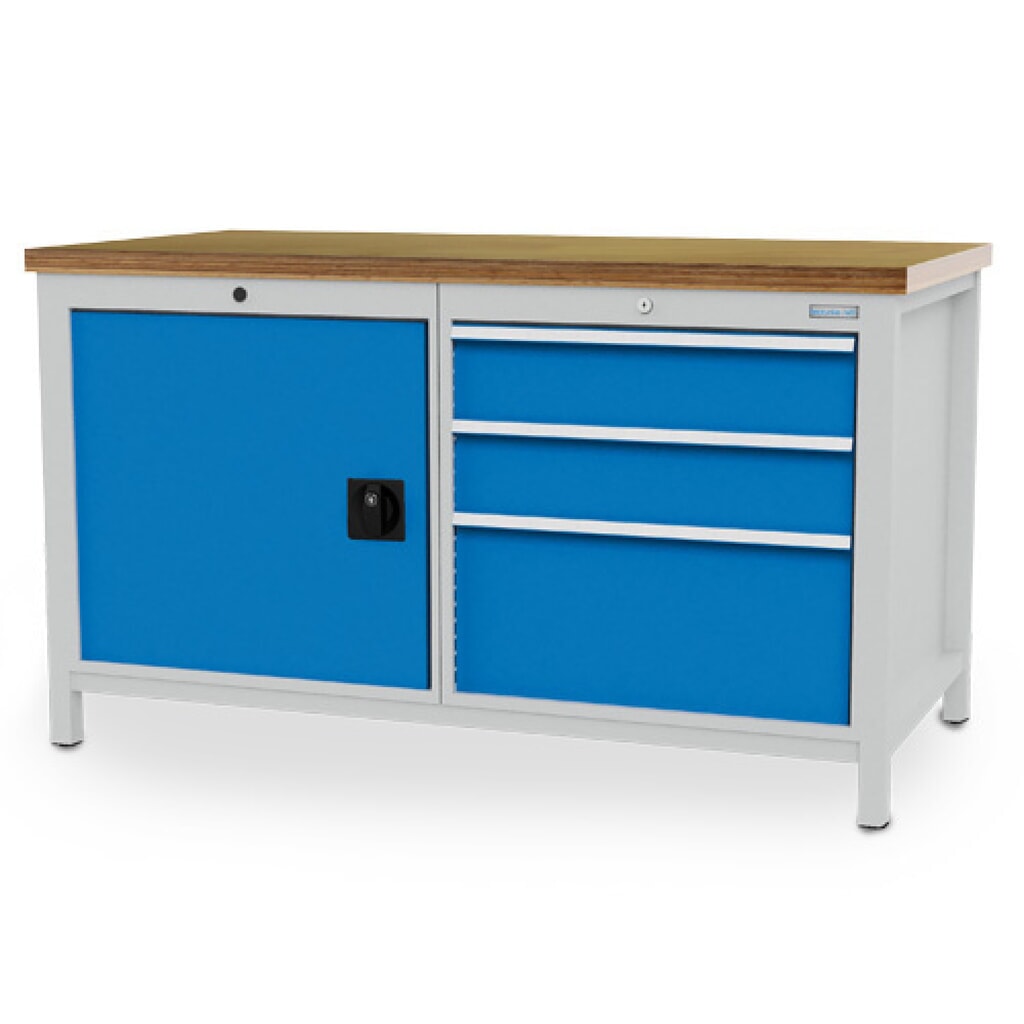 Établi R 24-24 Bedrunka+Hirth, H x l x P 959 x 1 500 x 750 mm, gris clair, bleu clair, 3 tiroirs 2 x 150 mm + 1 x 300 mm, 1 porte battante 1 x 600 mm Illustration du produit: Établi R 24-24 Bedrunka+Hirth, H x l x P 959 x 1 500 x 750 mm, gris clair, bleu clair, 3 tiroirs 2 x 150 mm + 1 x 300 mm, 1 porte battante 1 x 600 mm
