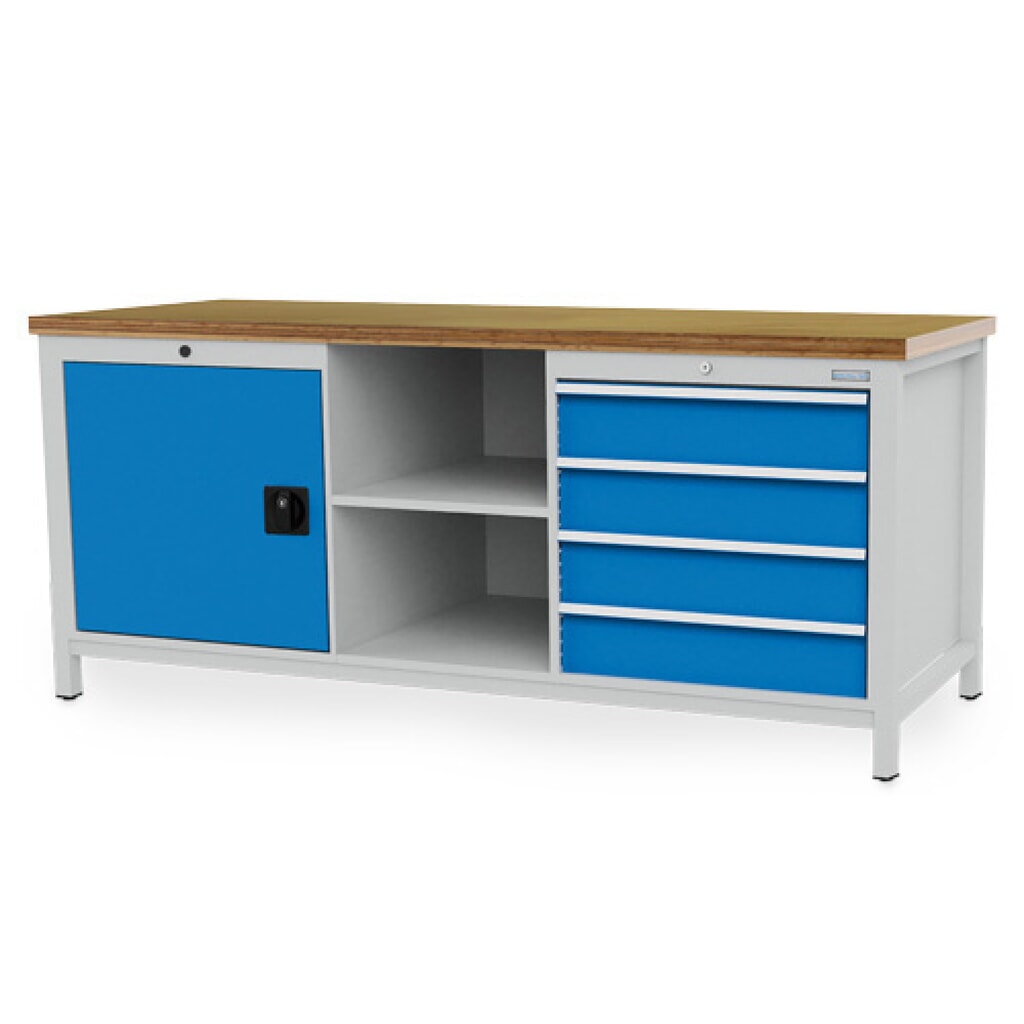 Illustration du produit: Établi R 24-24 Bedrunka+Hirth, H x l x P 859 x 2 000 x 750 mm, gris clair, bleu clair, 4 tiroirs 4 x 150 mm, 1 porte battante 1 x 600 mm