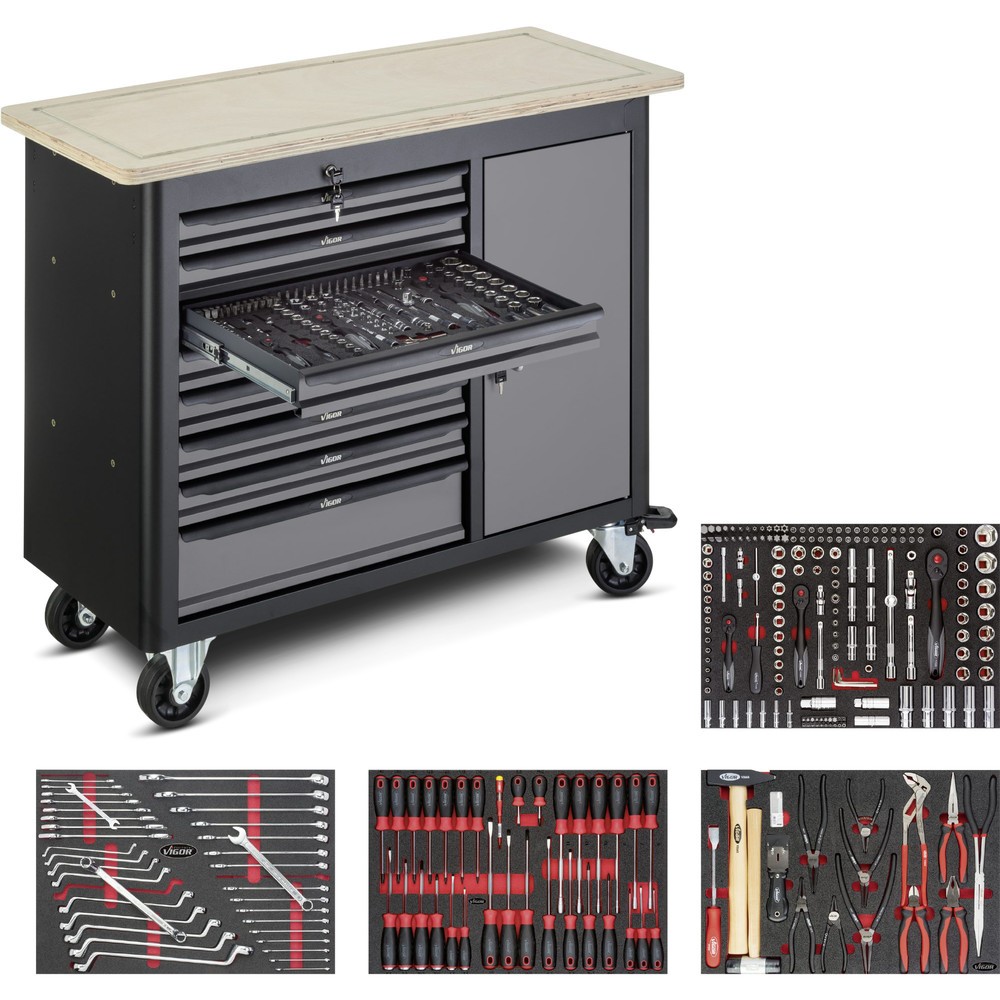 Numéro de l'image du produit 1: Établi VIGOR® 1000, assortiment avec 265 pièces inclus, 8 tiroirs + 1 armoire