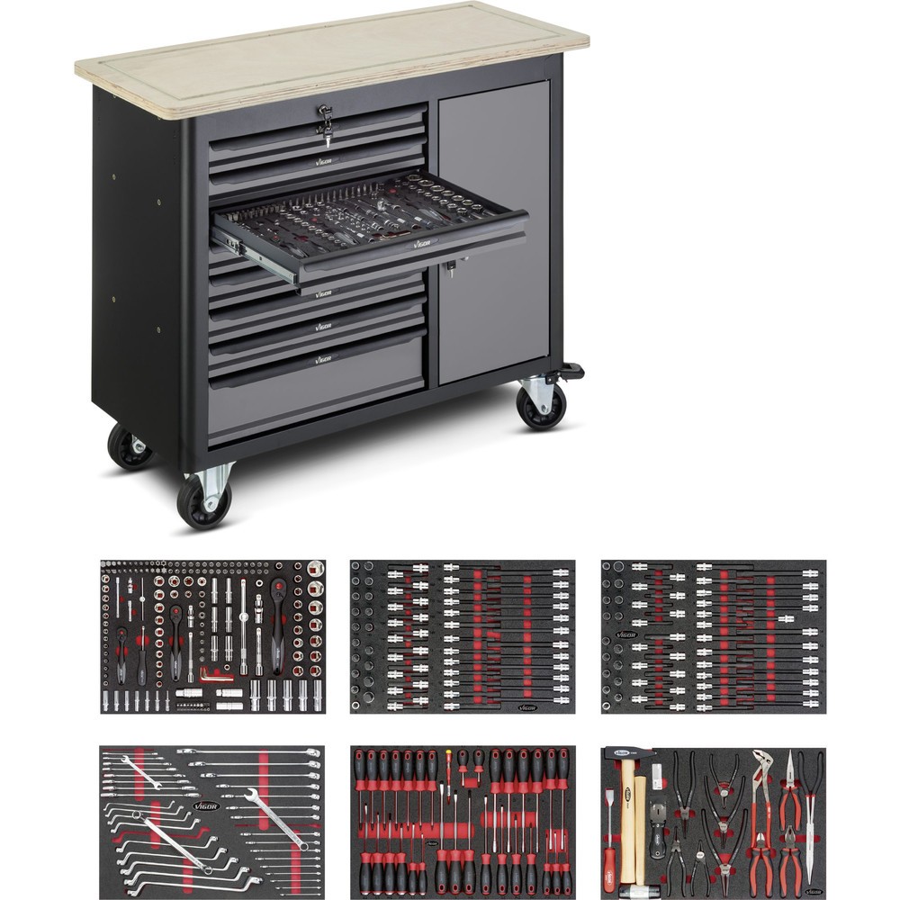 Numéro de l'image du produit 1: Établi VIGOR® 1000, assortiment avec 385 pièces inclus, 8 tiroirs + 1 armoire