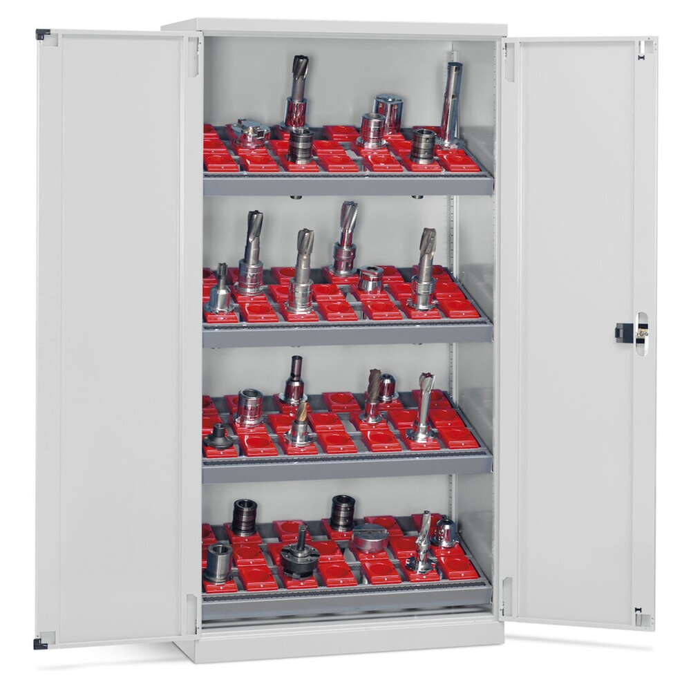 N° de l'image du produit 2 : Fami PERFOM Armoire à outils CNC, 4 tablettes, HxlxP 2 000 x 1 023 x 726 mm, 50 supports d’outils ISO 50, gris clair