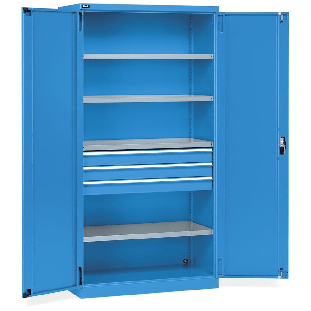 Numéro de l'image du produit 3: Fami PERFOM Armoire à portes battantes, 3 tiroirs, 4 tablettes, HxlxP 2 000 x 1 023 x 726 mm, bleu clair