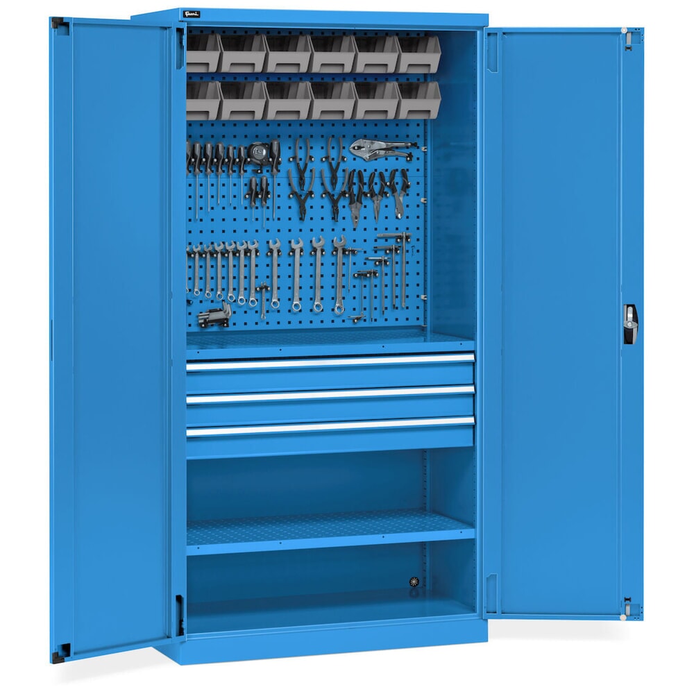 Numéro de l'image du produit 11: Fami PERFOM Armoire d'atelier, 3 tiroirs, plaques perforées, bacs à bec, HxlxP 2 000 x 1 023 x 726 mm, bleu clair