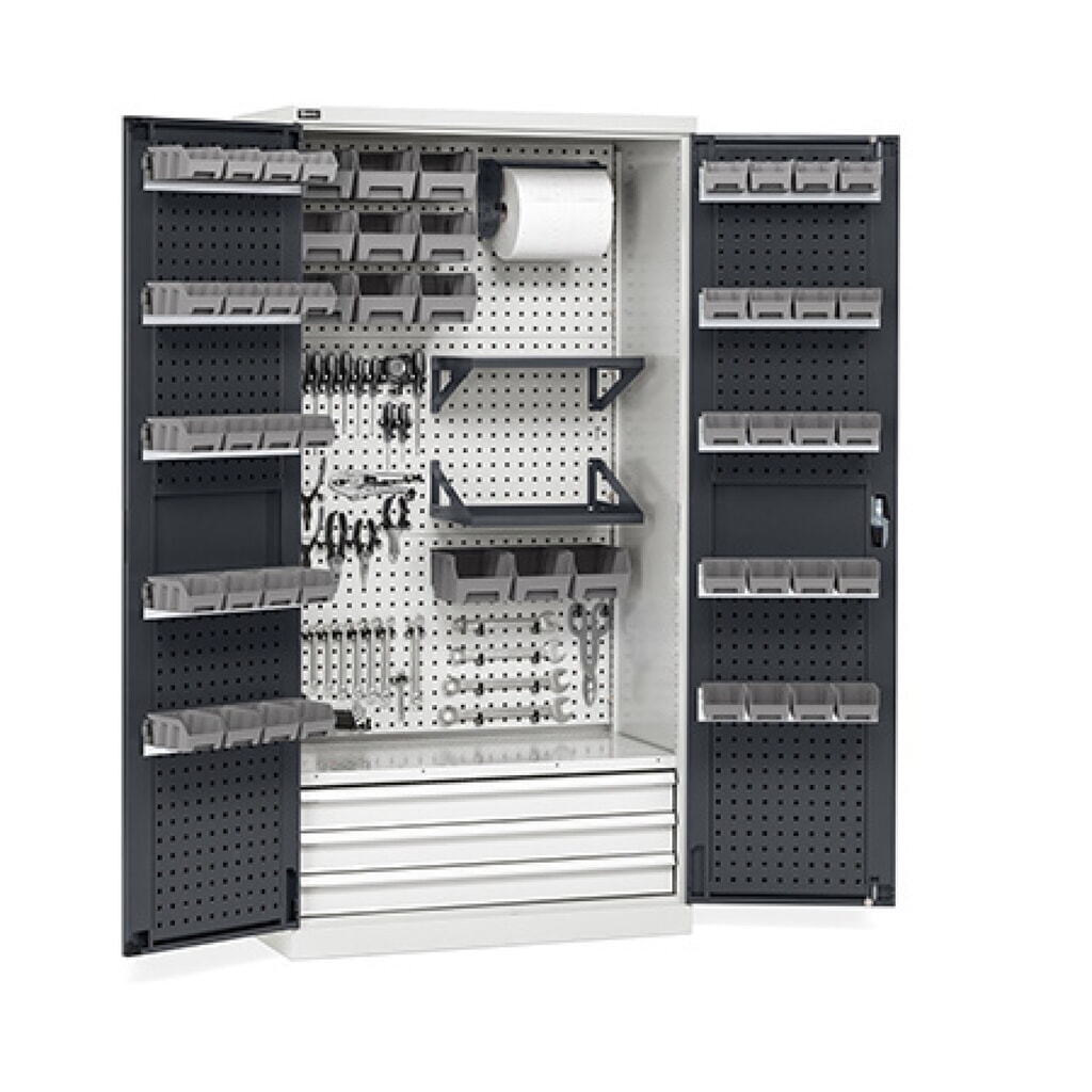 Illustration du produit: Fami PERFOM Armoire d'atelier, 4 tablettes perforées, 3 tiroirs, plaques perforées pour porte, bacs à bec, HxlxP 2 000 x 1 023 x 726 mm, gris clair, anthracite