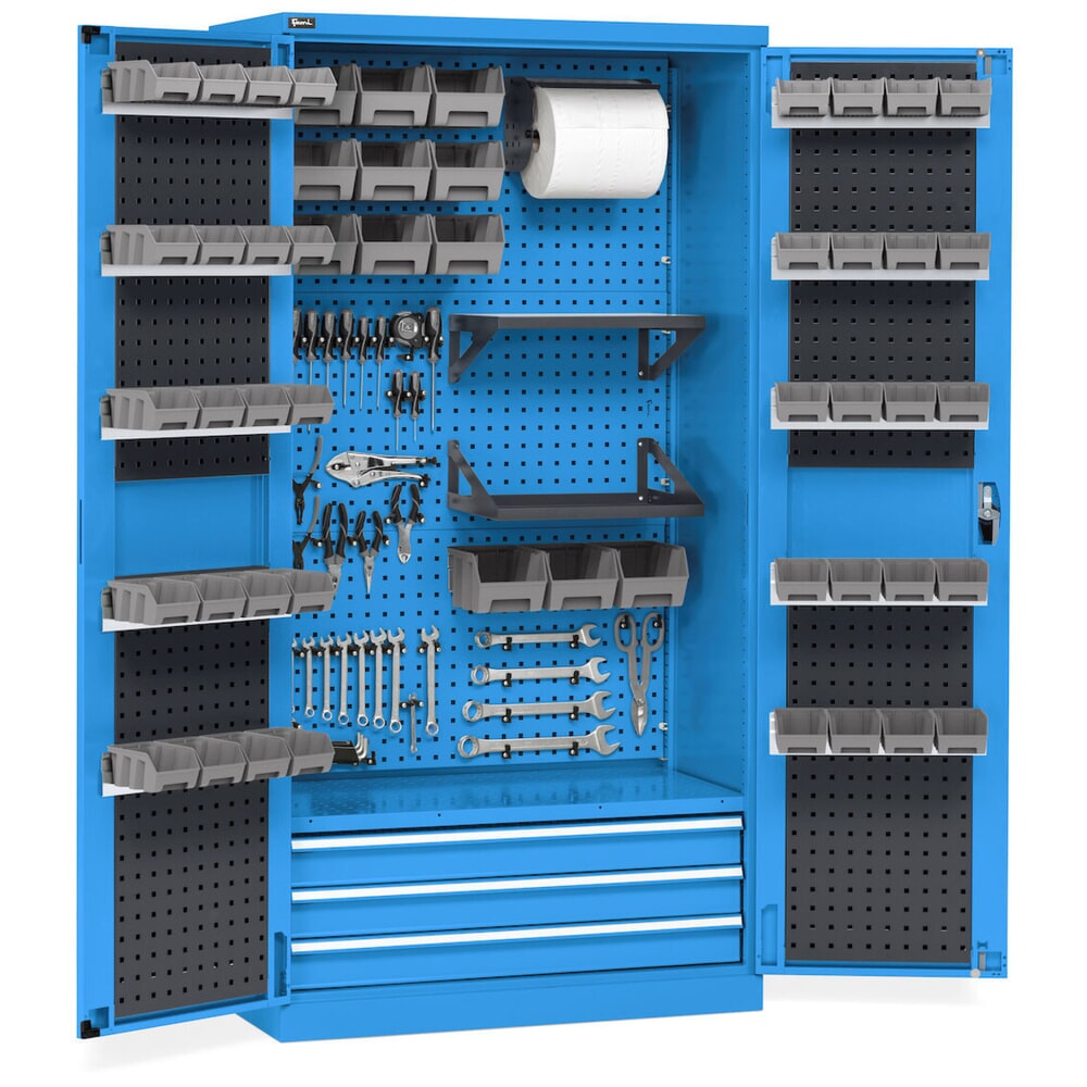 N° de l'image du produit 13 : Fami PERFOM Armoire d'atelier, 4 tablettes perforées, 3 tiroirs, plaques perforées pour porte, bacs à bec, HxlxP 2 000 x 1 023 x 726 mm, bleu clair