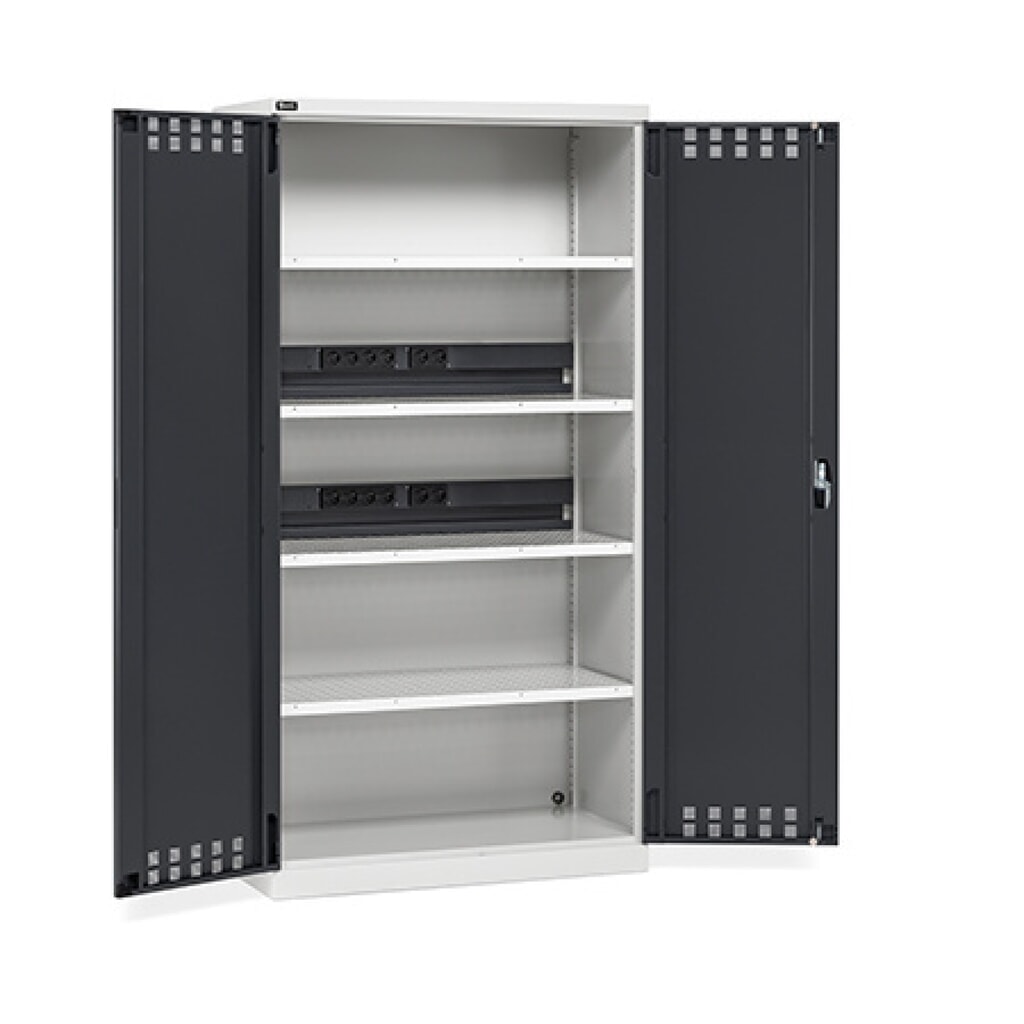 Fami PERFOM Armoire de charge de batteries, 4 tablettes perforées, HxlxP 2 000 x 1 023 x 726 mm, gris clair, anthracite Illustration du produit: Fami PERFOM Armoire de charge de batteries, 4 tablettes perforées, HxlxP 2 000 x 1 023 x 726 mm, gris clair, anthracite
