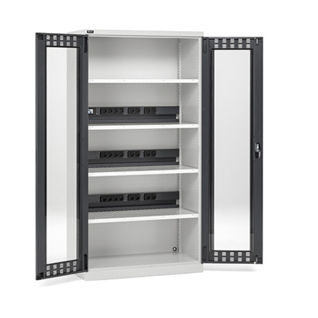 Fami PERFOM Armoire de charge de batteries avec portes transparentes, capacité de charge 1 200 kg, 4 tablettes perforées, HxlxP 2 000 x 1 023 x 726 mm, gris clair, anthracite Illustration du produit: Fami PERFOM Armoire de charge de batteries avec portes transparentes, capacité de charge 1 200 kg, 4 tablettes perforées, HxlxP 2 000 x 1 023 x 726 mm, gris clair, anthracite