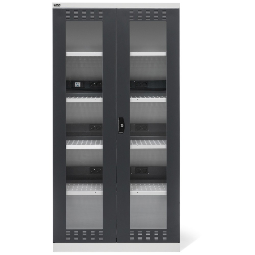 Numéro de l'image du produit 2: Fami PERFOM Armoire de charge de batteries avec portes transparentes, capacité de charge 1 200 kg, 4 tablettes perforées, HxlxP 2 000 x 1 023 x 726 mm, gris clair, anthracite