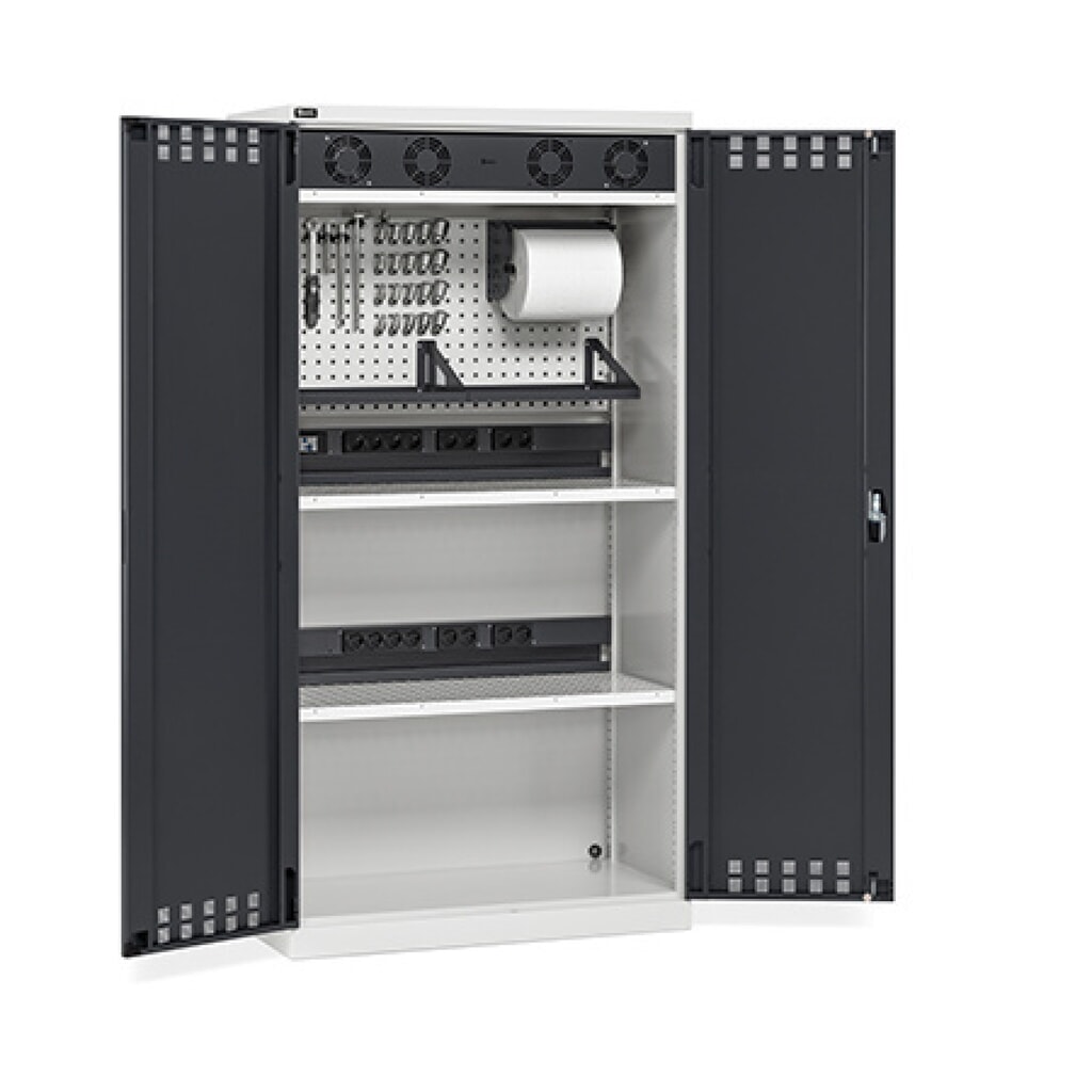 Illustration du produit: Fami PERFOM Armoire de charge de batteries, 2 tablettes perforées, rampes pour prises électriques, multiprises, grille de ventilateur, HxlxP 2 000 x 1 023 x 726 mm, gris clair, anthracite