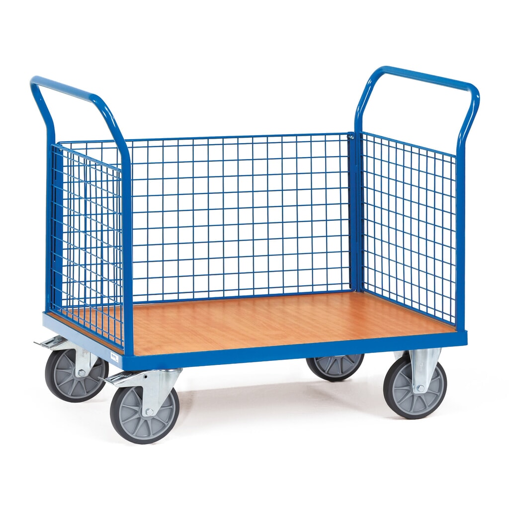 fetra® Chariot à plate-forme, à 3 côtés avec parois grillagées, surface de chargement lxP 600 x 1 000 mm Illustration du produit: fetra® Chariot à plate-forme, à 3 côtés avec parois grillagées, surface de chargement lxP 600 x 1 000 mm