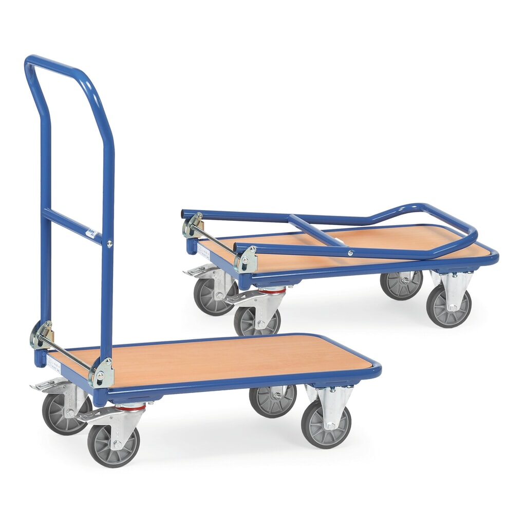 Illustration du produit: fetra® Chariot à plate-forme avec surface de chargement en bois, arceau rabattable, lxP 600 x 900 mm, capacité de charge 250 kg