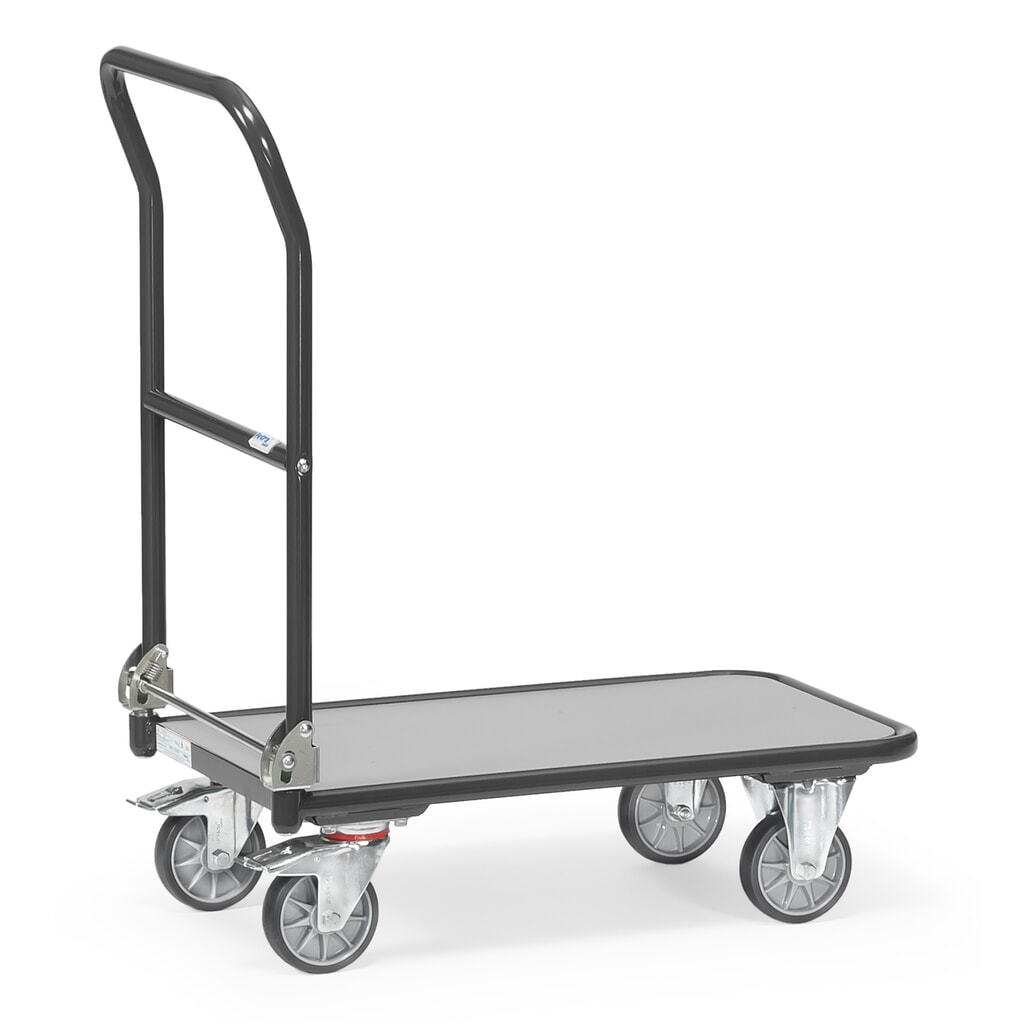 Illustration du produit: fetra® Chariot à plate-forme avec surface de chargement en bois, arceau rabattable, lxP 600 x 900 mm, capacité de charge 250 kg, gris anthracite