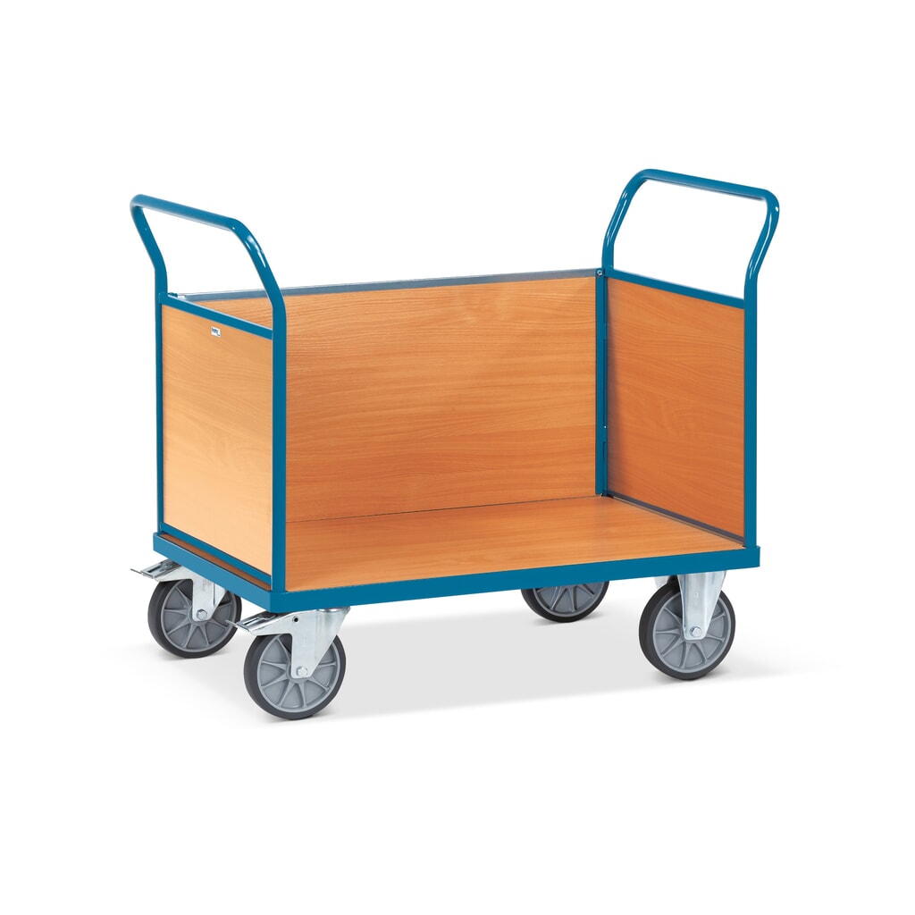 fetra® Chariot à plateaux, 3 faces avec parois en bois