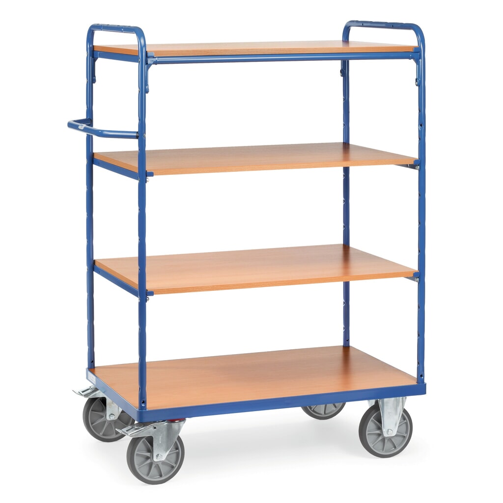 fetra® Chariot à plateaux avec tablettes en bois, 4 plateaux de 1 000 x 600 mm, hauteur 1 552 mm Illustration du produit: fetra® Chariot à plateaux avec tablettes en bois, 4 plateaux de 1 000 x 600 mm, hauteur 1 552 mm