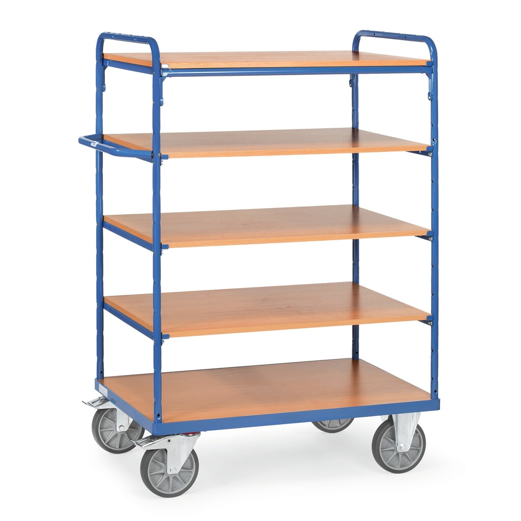 fetra® Chariot à plateaux avec tablettes en bois, 5 plateaux de 1 000 x 600 mm, hauteur 1 552 mm Illustration du produit: fetra® Chariot à plateaux avec tablettes en bois, 5 plateaux de 1 000 x 600 mm, hauteur 1 552 mm