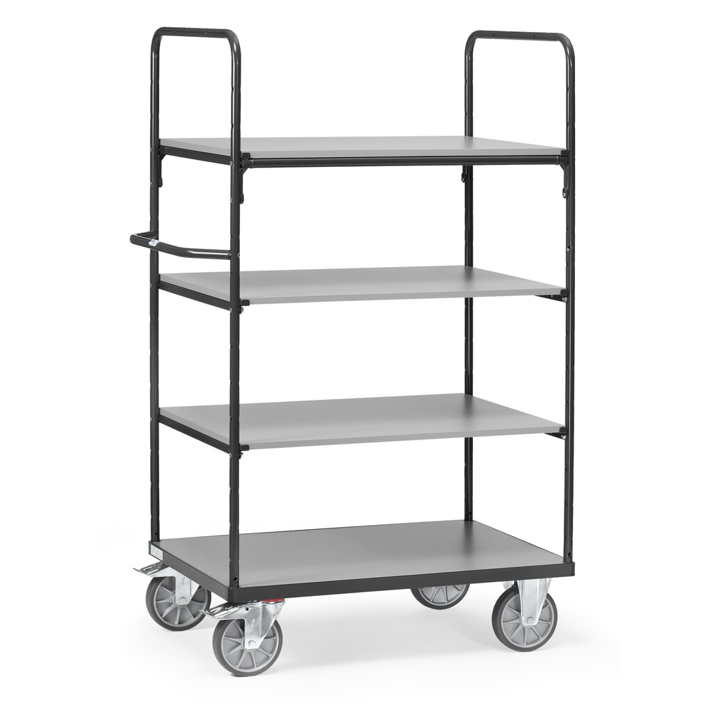 fetra® Chariot à plate-forme avec tablettes en bois, 4 plateaux de 1 000 x 600 mm, hauteur 1 800 mm, gris anthracite N° de l'image du produit 1 : fetra® Chariot à plate-forme avec tablettes en bois, 4 plateaux de 1 000 x 600 mm, hauteur 1 800 mm, gris anthracite