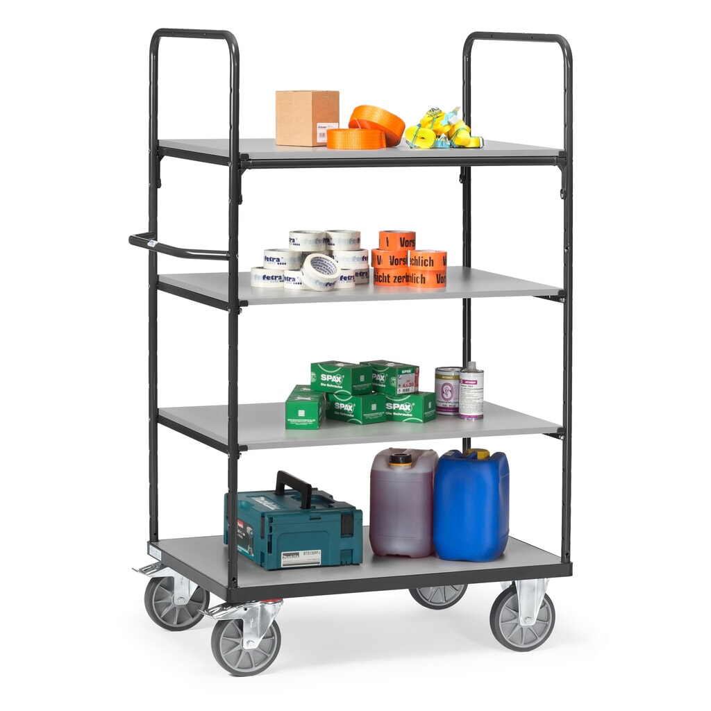 fetra® Chariot à plate-forme avec tablettes en bois, 4 plateaux de 1 000 x 600 mm, hauteur 1 800 mm, gris anthracite N° de l'image du produit 3 : fetra® Chariot à plate-forme avec tablettes en bois, 4 plateaux de 1 000 x 600 mm, hauteur 1 800 mm, gris anthracite