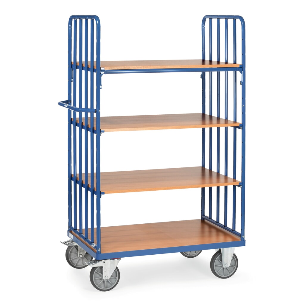Illustration du produit: fetra® Chariot à plateaux avec montants tubulaires verticaux, 2 ridelles, 4 plateaux de 1 000 x 600 mm