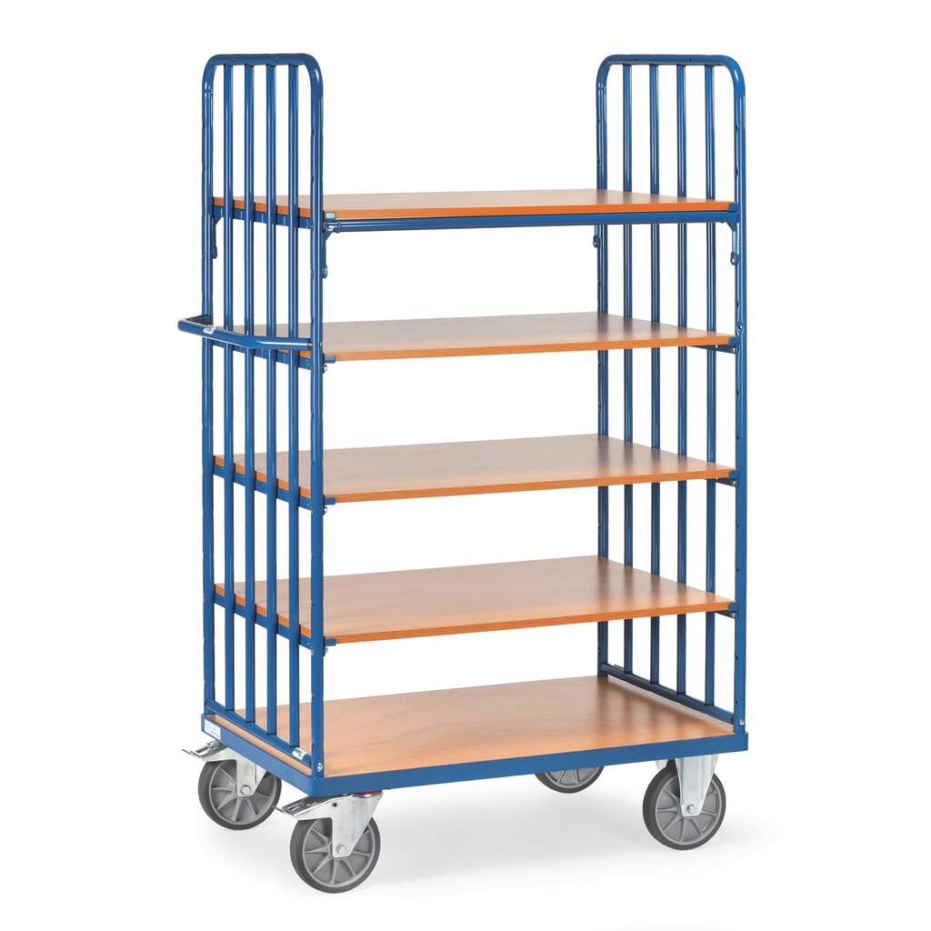 Illustration du produit: fetra® Chariot à plateaux avec montants tubulaires verticaux, 2 ridelles, 5 plateaux de 1 000 x 600 mm