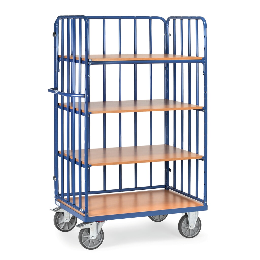 fetra® Chariot à plateaux avec montants tubulaires verticaux, 3 ridelles, 4 plateaux de 1 000 x 600 mm, hauteur 1 800 mm Illustration du produit: fetra® Chariot à plateaux avec montants tubulaires verticaux, 3 ridelles, 4 plateaux de 1 000 x 600 mm, hauteur 1 800 mm