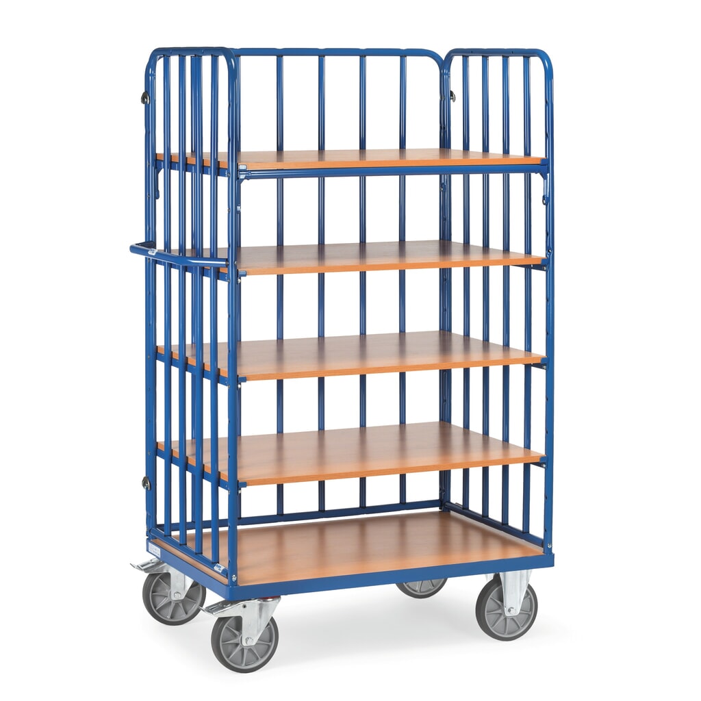 fetra® Chariot à plateaux avec montants tubulaires verticaux, 3 ridelles, 5 plateaux de 1 000 x 700 mm, hauteur 1 800 mm Illustration du produit: fetra® Chariot à plateaux avec montants tubulaires verticaux, 3 ridelles, 5 plateaux de 1 000 x 700 mm, hauteur 1 800 mm