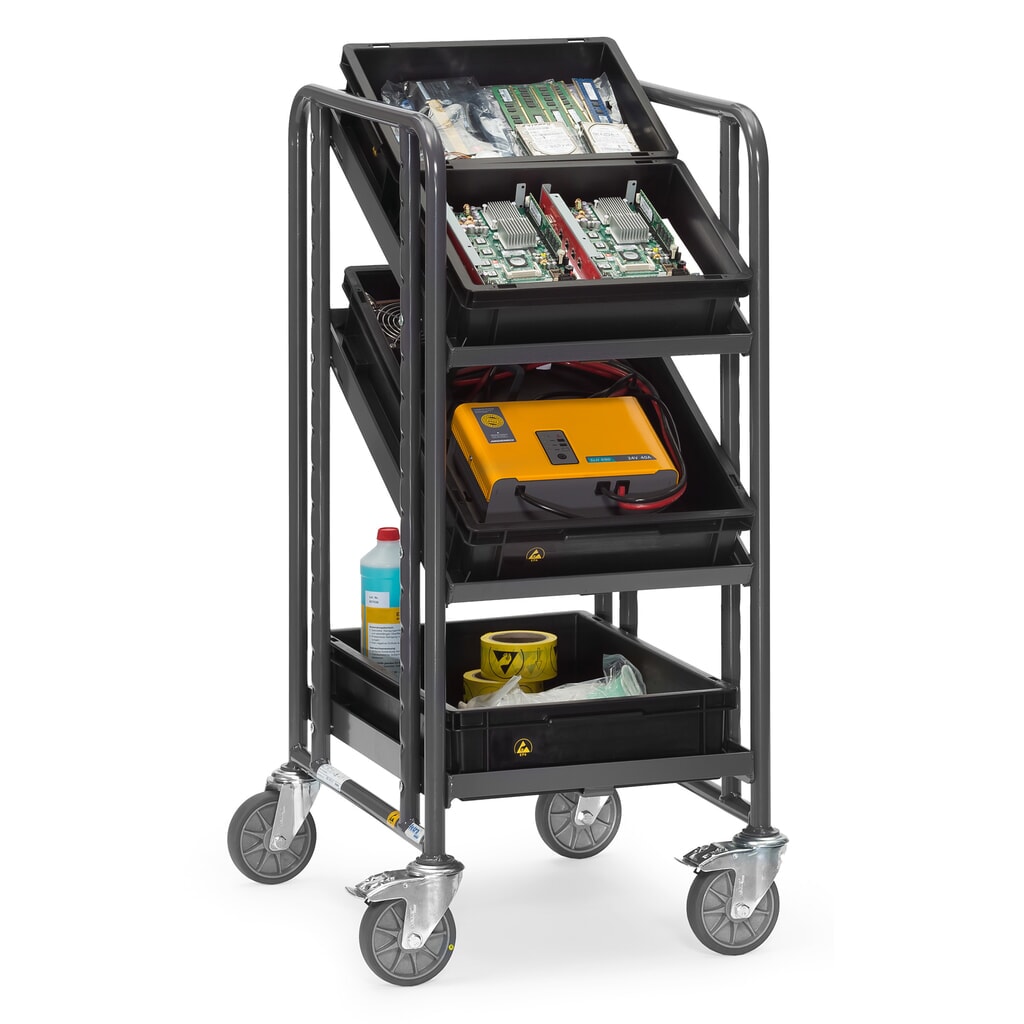N° de l'image du produit 3 : Chariot à plateaux pour bacs Euro ESD fetra®, capacité de charge 250 kg, 3 surfaces de chargement à 410 x 610 mm, sans tablette