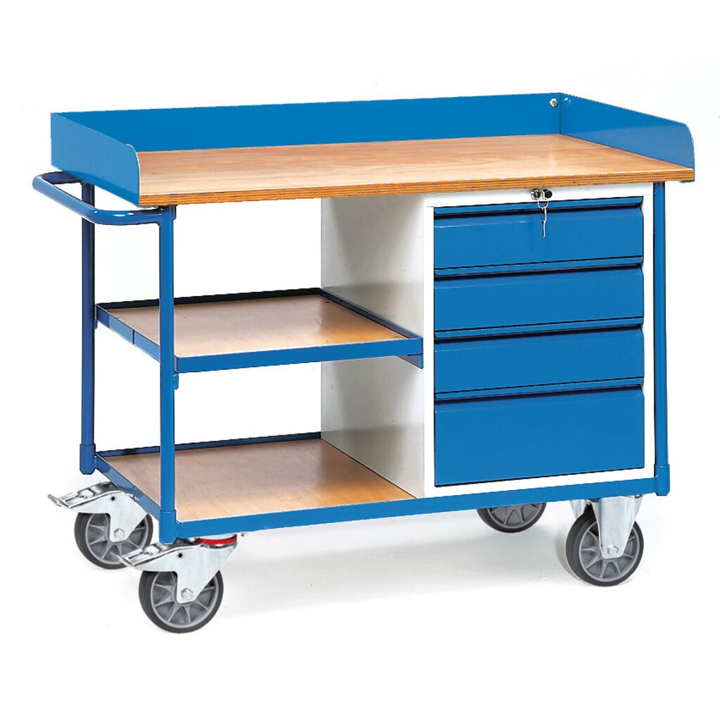 fetra® Chariot d’atelier à rebord haut, 4 tiroirs, 3 tablettes, capacité de charge 400 kg Illustration du produit: fetra® Chariot d’atelier à rebord haut, 4 tiroirs, 3 tablettes, capacité de charge 400 kg