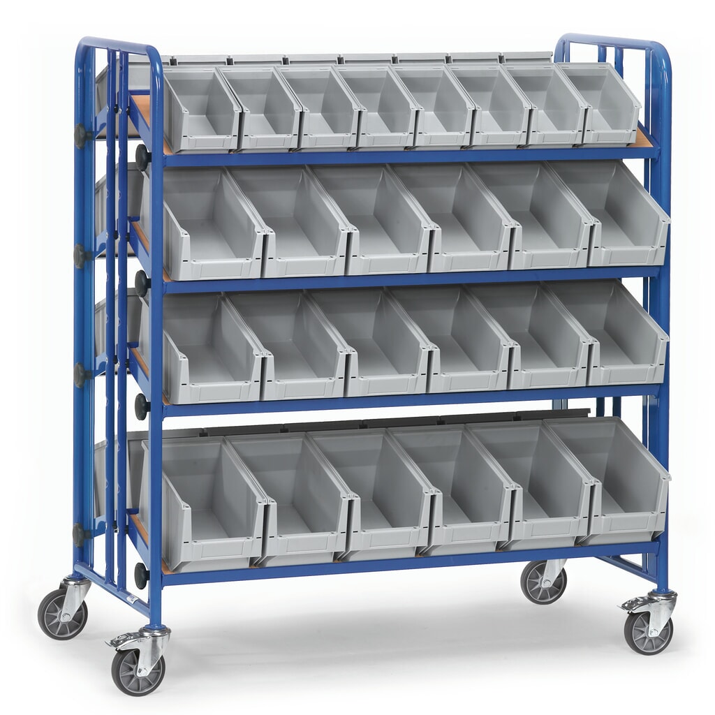 fetra® Chariot de montage avec bacs à bec, 4 tablettes, à deux côtés Illustration du produit: fetra® Chariot de montage avec bacs à bec, 4 tablettes, à deux côtés