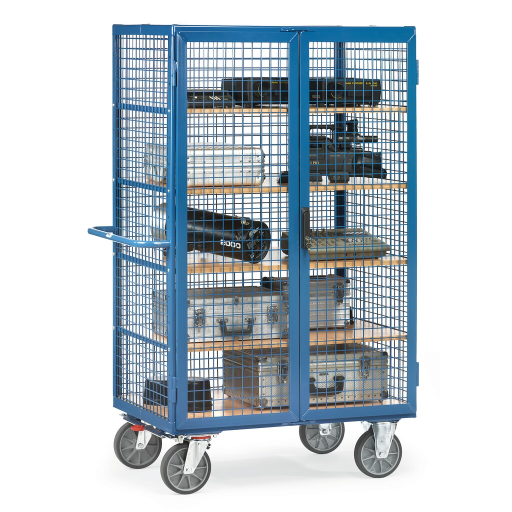 fetra® Chariot fermé, capacité de charge de 750 kg, parois grillagées, porte à doubles battants, 5 tablettes de 1 000 x 680 mm N° de l'image du produit 3 : fetra® Chariot fermé, capacité de charge de 750 kg, parois grillagées, porte à doubles battants, 5 tablettes de 1 000 x 680 mm
