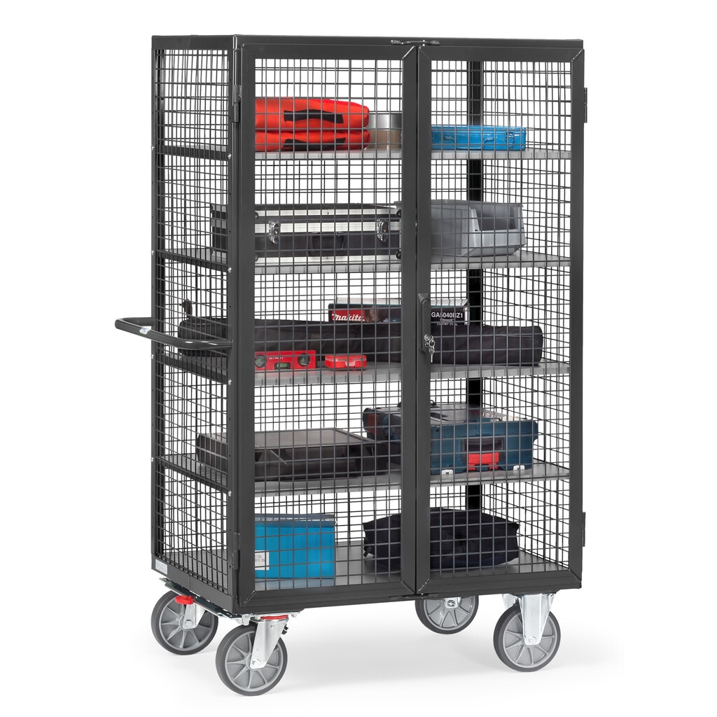 fetra® Chariot fermé, capacité de charge de 750 kg, parois grillagées, porte à doubles battants, 5 plateaux de 1 000 x 680 mm, gris anthracite N° de l'image du produit 3 : fetra® Chariot fermé, capacité de charge de 750 kg, parois grillagées, porte à doubles battants, 5 plateaux de 1 000 x 680 mm, gris anthracite