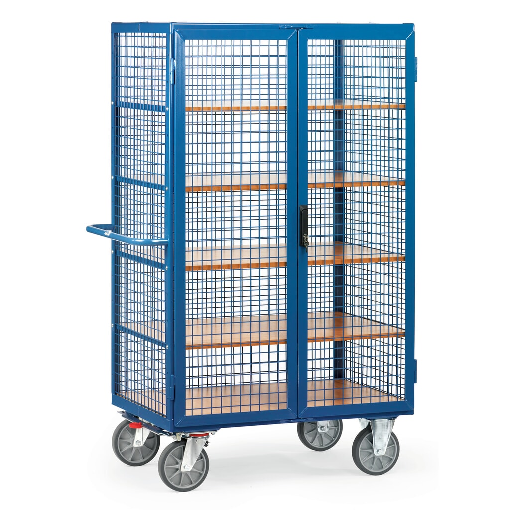 fetra® Chariot fermé, capacité de charge de 750 kg, parois grillagées, porte à doubles battants, 5 tablettes de 1 000 x 680 mm Illustration du produit: fetra® Chariot fermé, capacité de charge de 750 kg, parois grillagées, porte à doubles battants, 5 tablettes de 1 000 x 680 mm