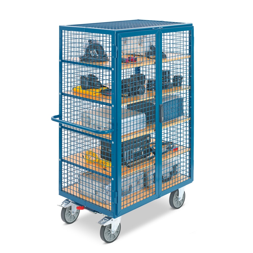 N° de l'image du produit 4 : fetra® Chariot fermé, capacité de charge de 750 kg, parois grillagées, porte à doubles battants, 5 tablettes de 1 000 x 680 mm