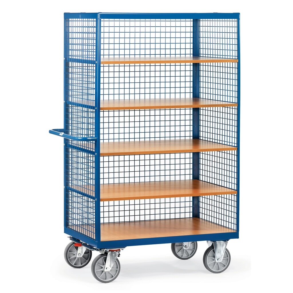 fetra® Chariot fermé, 3 parois grillagées, 5 tablettes de 1 000 x 680 mm Illustration du produit: fetra® Chariot fermé, 3 parois grillagées, 5 tablettes de 1 000 x 680 mm
