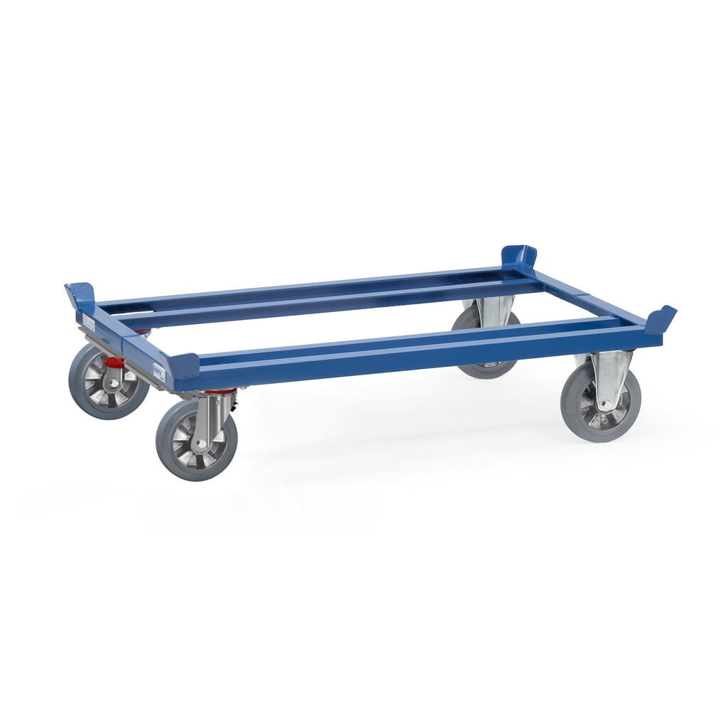 fetra® Rouleur avec butées d’angle, capacité de charge 1 200 kg, pour palettes 1 200 x 800 mm, pneumatiques à bandage plein élastique, avec frein central Illustration du produit: fetra® Rouleur avec butées d’angle, capacité de charge 1 200 kg, pour palettes 1 200 x 800 mm, pneumatiques à bandage plein élastique, avec frein central