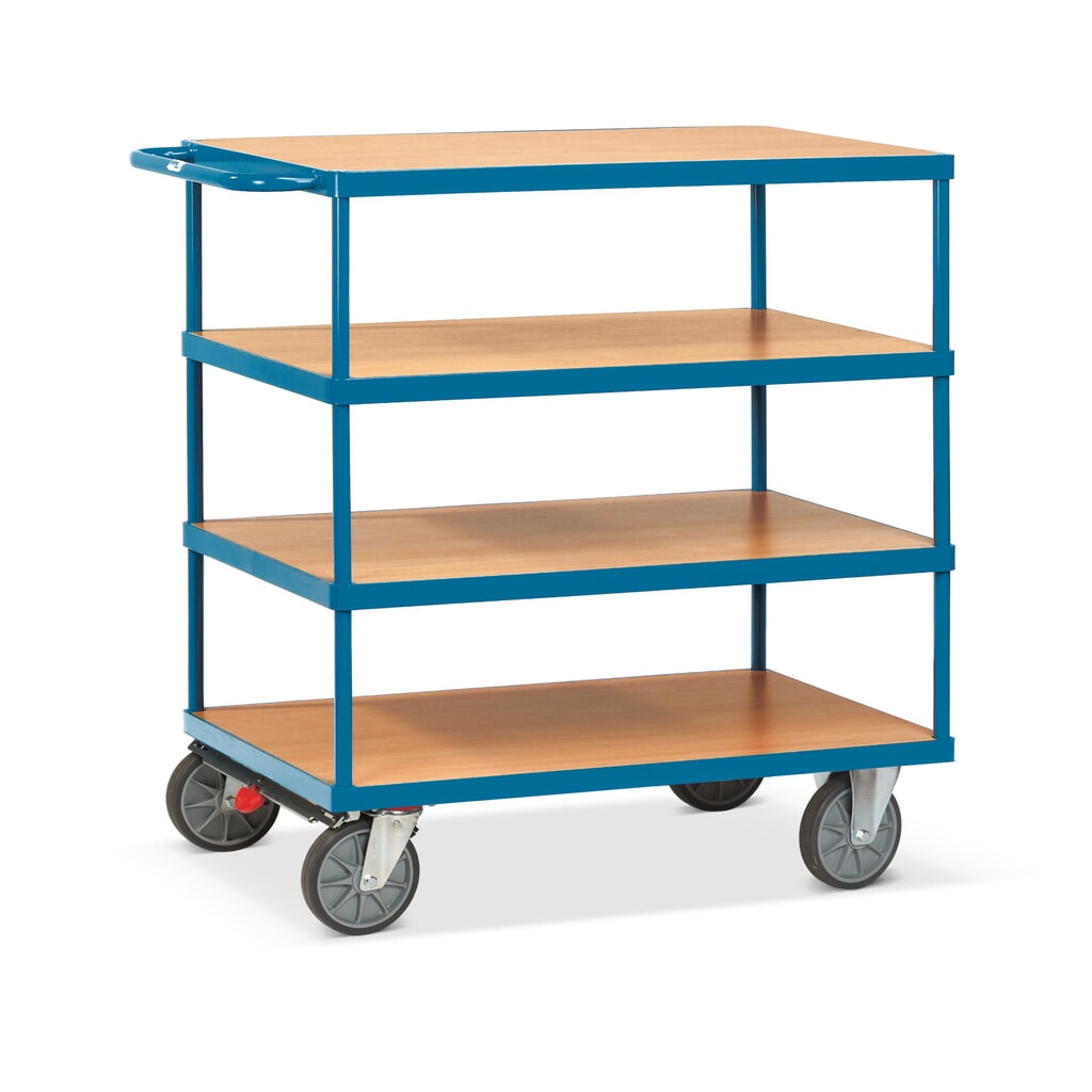 fetra® Servante et chariot de montage, version lourde, 4 plateaux à 700 x 1 000 mm, avec frein central Illustration du produit: fetra® Servante et chariot de montage, version lourde, 4 plateaux à 700 x 1 000 mm, avec frein central