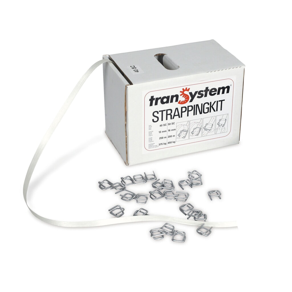 Kit de feuillard de cerclage en PET, encollé, 16 mm x 200 ml, boucles métalliques incluses, blanc Illustration du produit: Kit de feuillard de cerclage en PET, encollé, 16 mm x 200 ml, boucles métalliques incluses, blanc