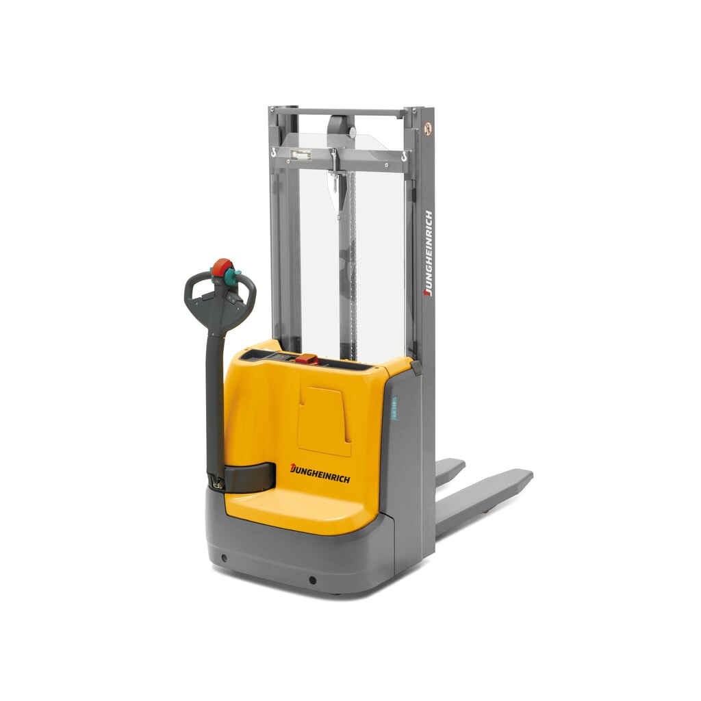 N° de l'image du produit 1 : Gerbeur électrique Jungheinrich EJC 110/DZ, mât télescopique triple, hauteur de levage 4 180 mm, capacité de charge 1 000 kg, hydraulique proportionnelle, Aquamatik