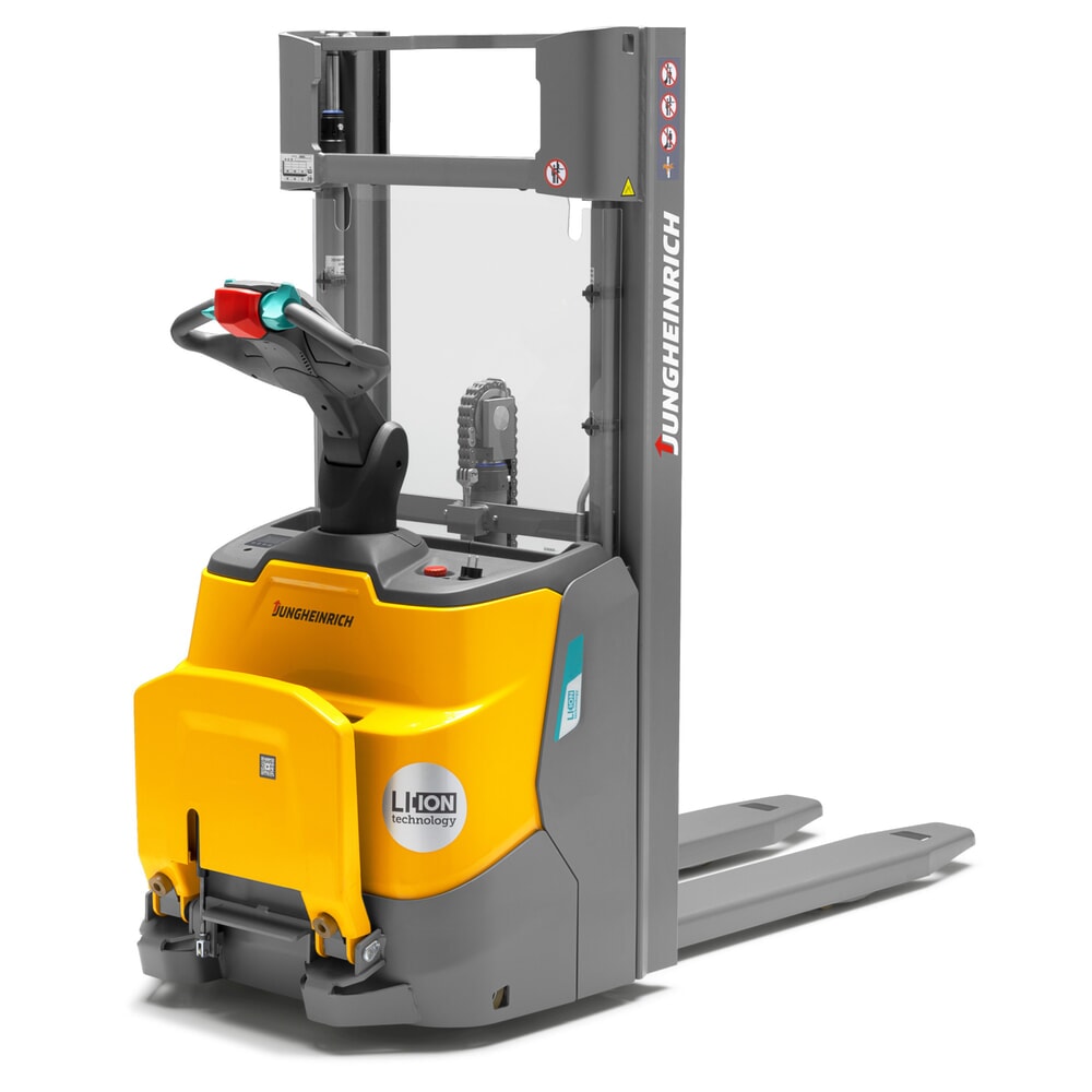N° de l'image du produit 1 : Gerbeur électrique Jungheinrich ERC 110i DZ avec plateforme de conduite, mât télescopique triple, hauteur de levage 4 300 mm, capacité de charge 1 000 kg, hydraulique proportionnelle
