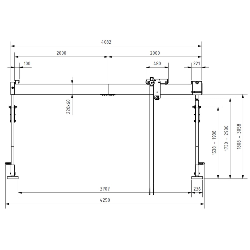 N° de l'image du produit 2 : Grue portique SCHILLING.avec poutre sectionnable, point d’accrochage 1 730-2 980 mm, capacité de charge 500 kg