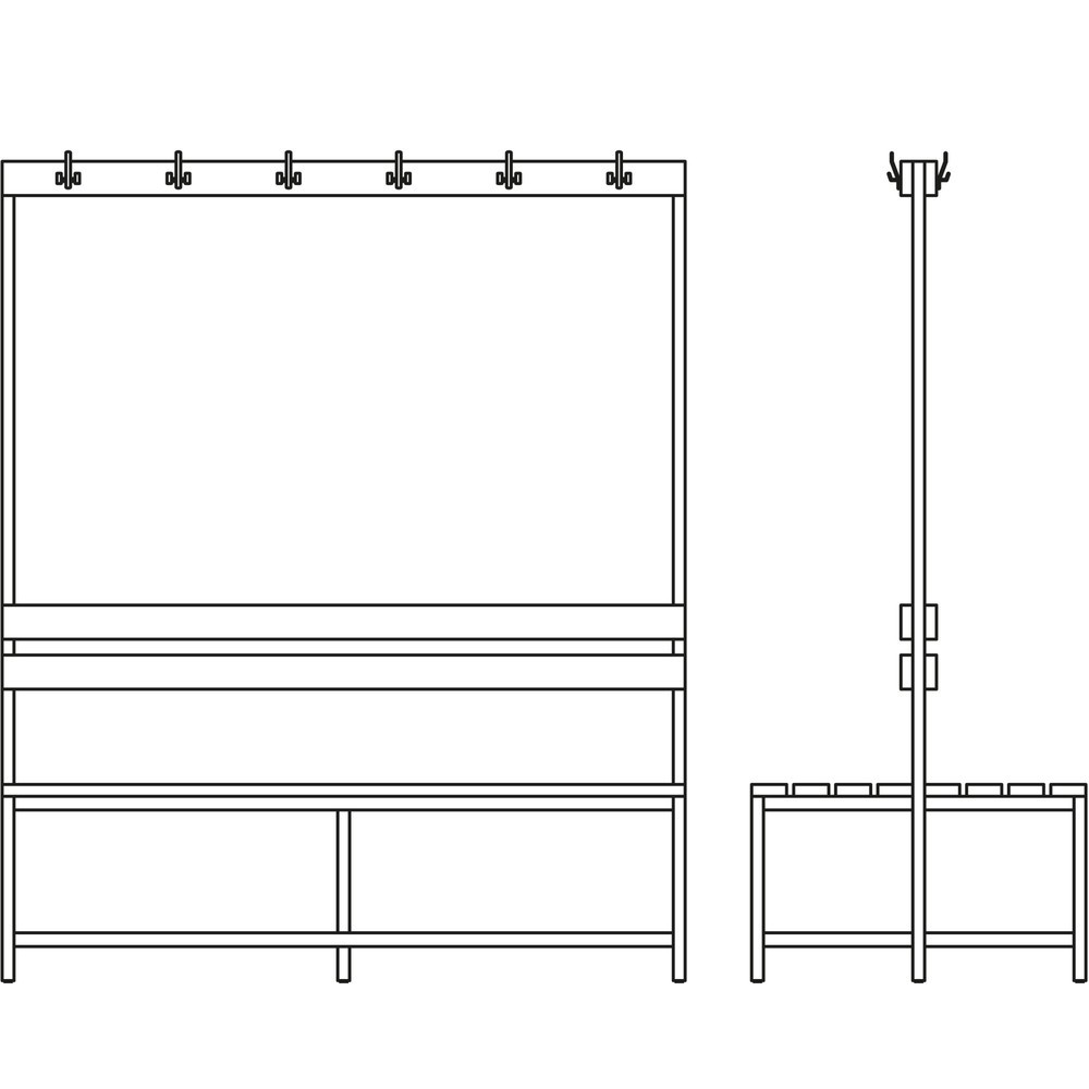 N° de l'image du produit 2 : HEMMDAL Banc de vestiaire HUB-1, utilisable des 2 côtés, avec barre à patères et grille porte-chaussures, longueur 1 500 mm